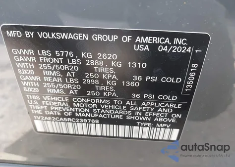2024 Volkswagen Atlas Cross Sport 2.0T Sel R-Line z USA, uszkodzony, nr VIN 1V2AE2CA5RC239768